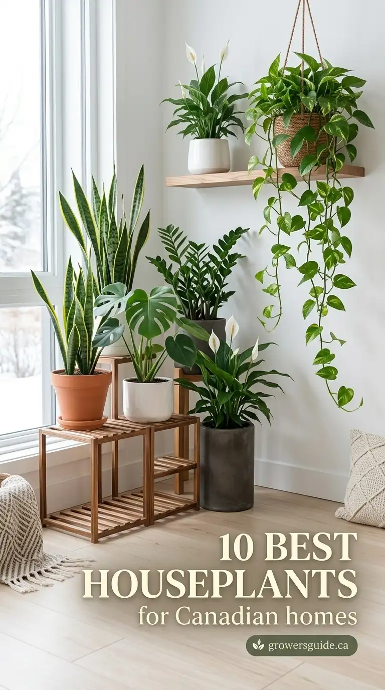 Best houseplants for Canadian homes — snake plant, pothos, monstera, ZZ plant and peace lily on a shelf by a bright window