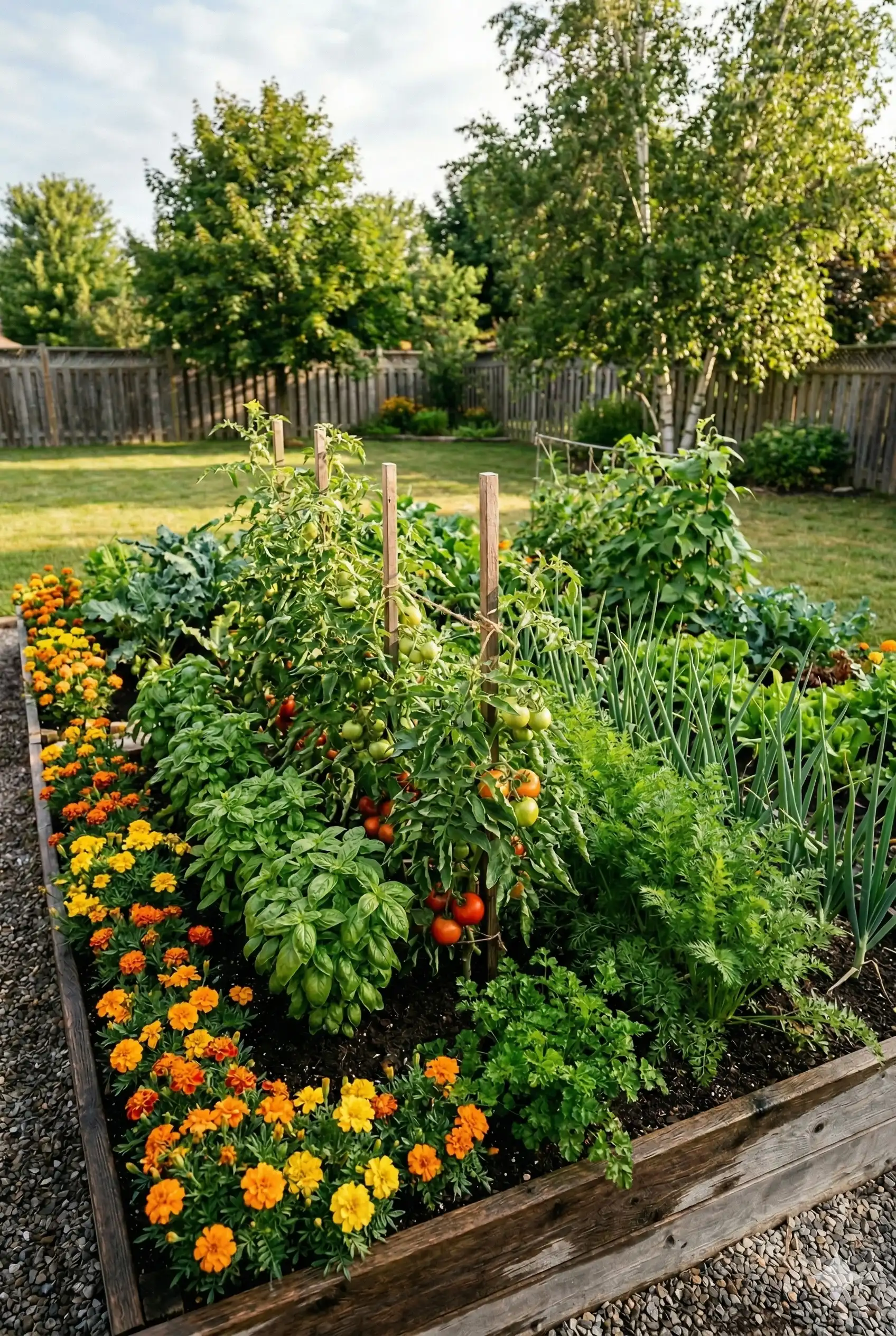 Canadian backyard raised bed garden with companion planting — tomatoes, basil, carrots, and marigolds growing together
