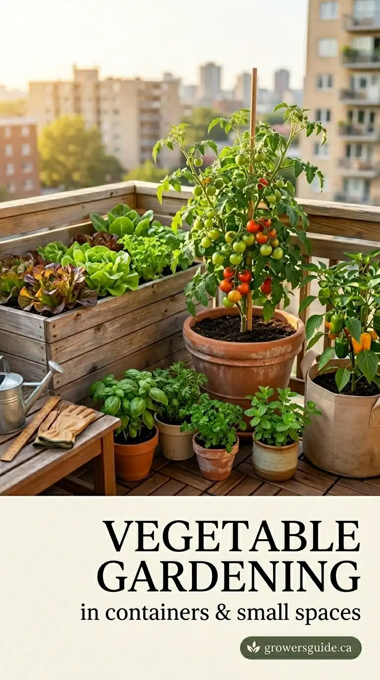 Container vegetable gardening in Canada — tomatoes, lettuce, herbs and peppers growing in pots on a sunny urban balcony