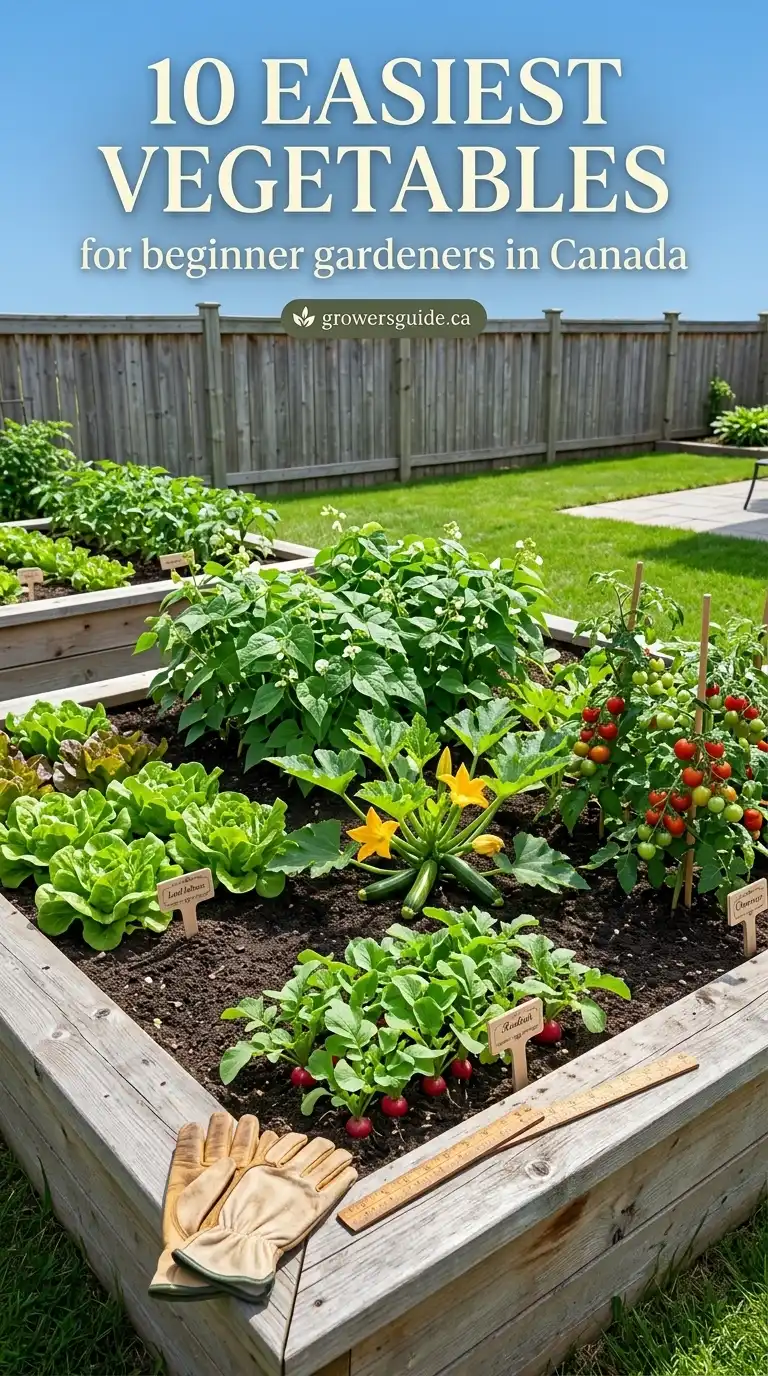 Easiest vegetables to grow in Canada — a healthy beginner backyard raised-bed garden with lettuce, beans, zucchini and cherry tomatoes