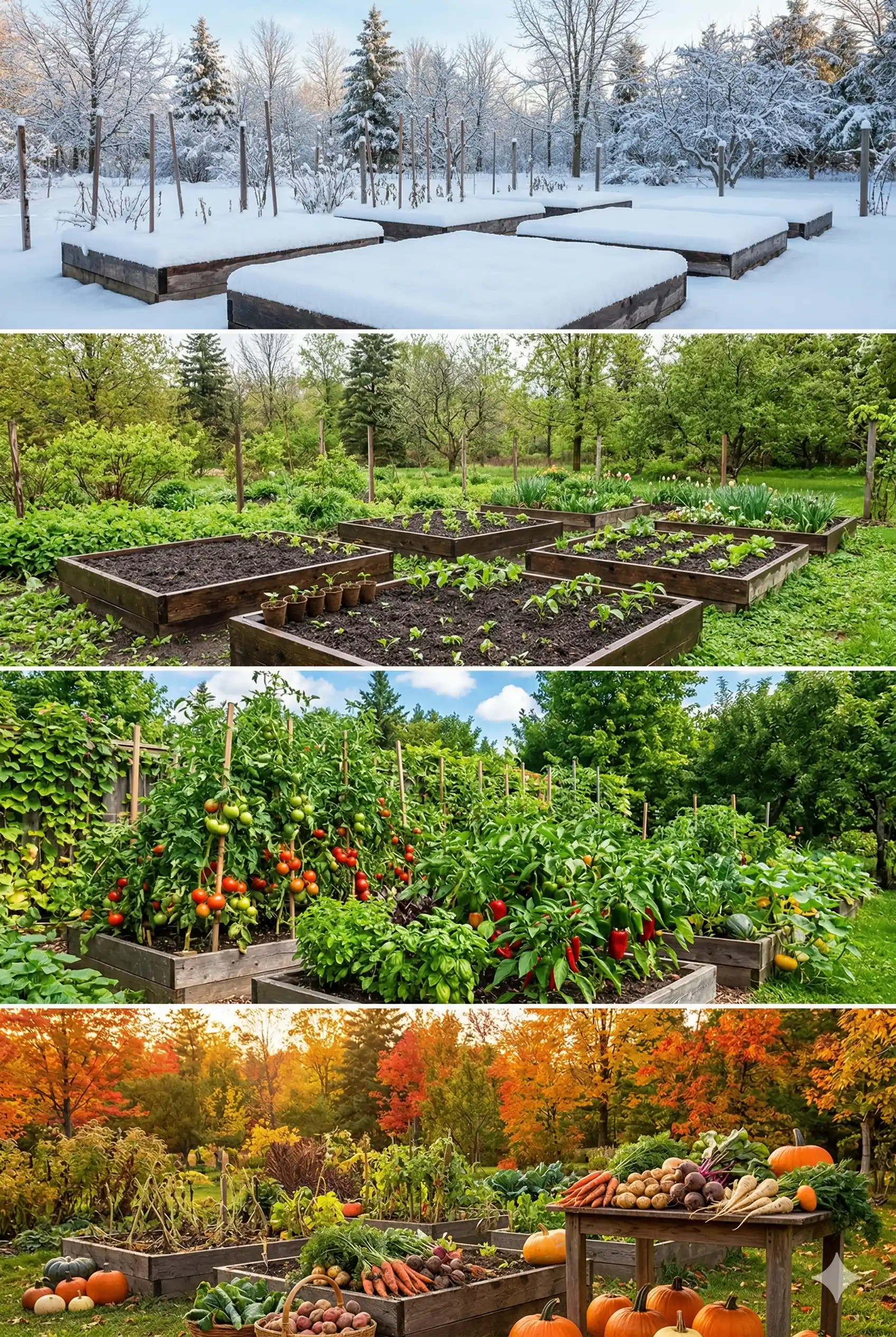 Canadian vegetable garden shown across four seasons — winter snow, spring seedlings, summer harvest, and autumn pumpkins