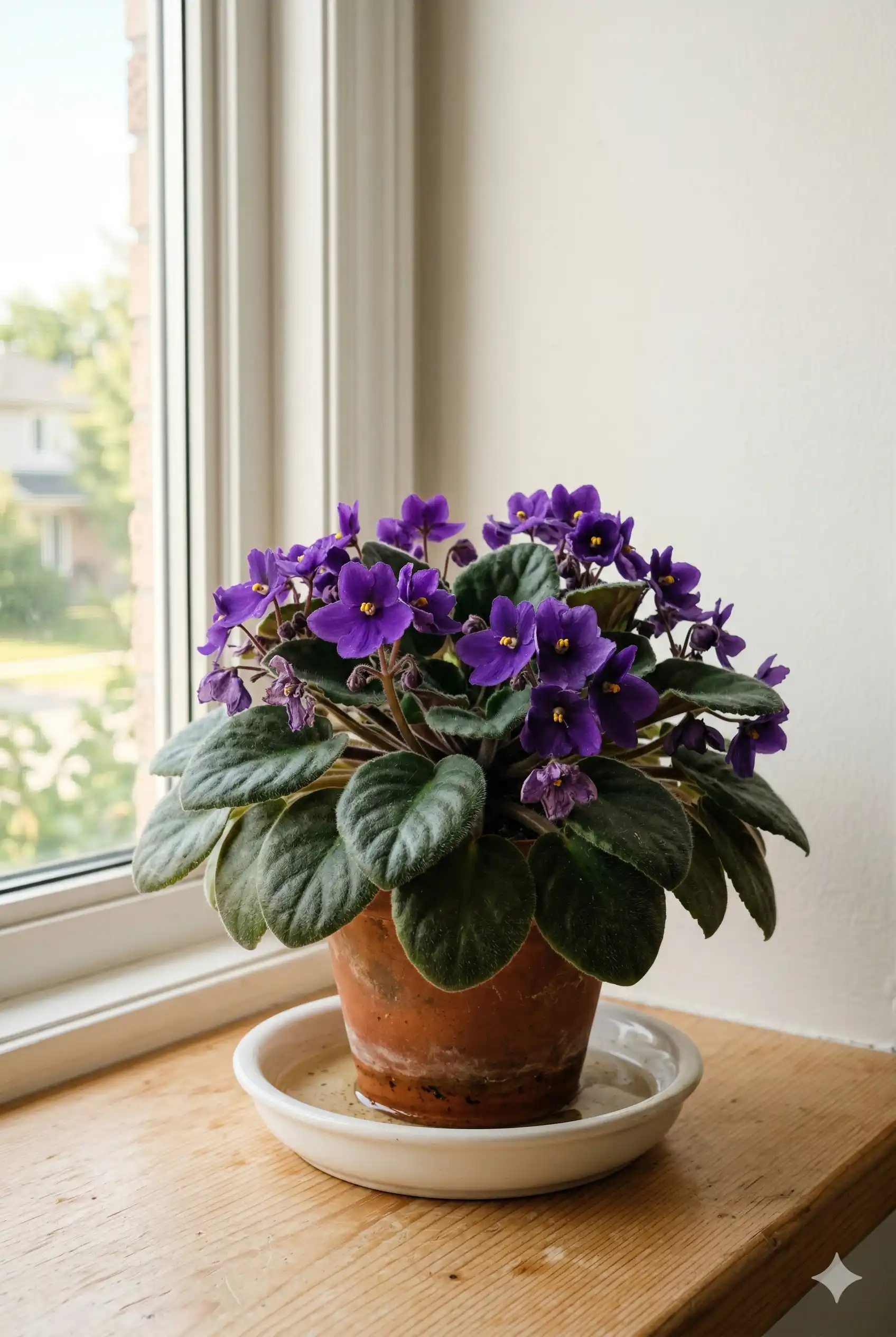 African violet with purple flowers in terracotta pot sitting in saucer of water showing the bottom-watering method, on a wooden windowsill with natural light