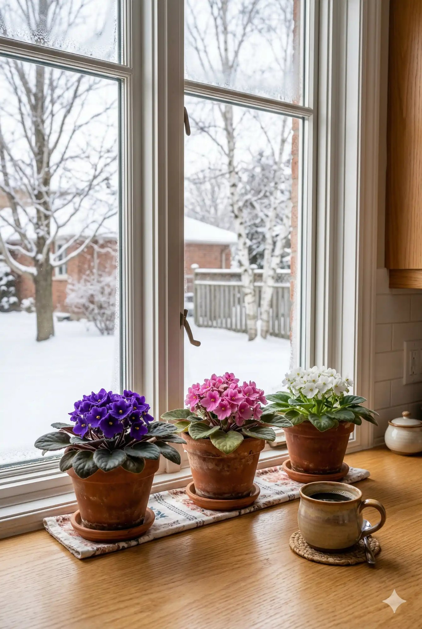 Three African violet plants in purple, pink, and white on a kitchen windowsill with Canadian winter snow scene outside and a mug of coffee nearby