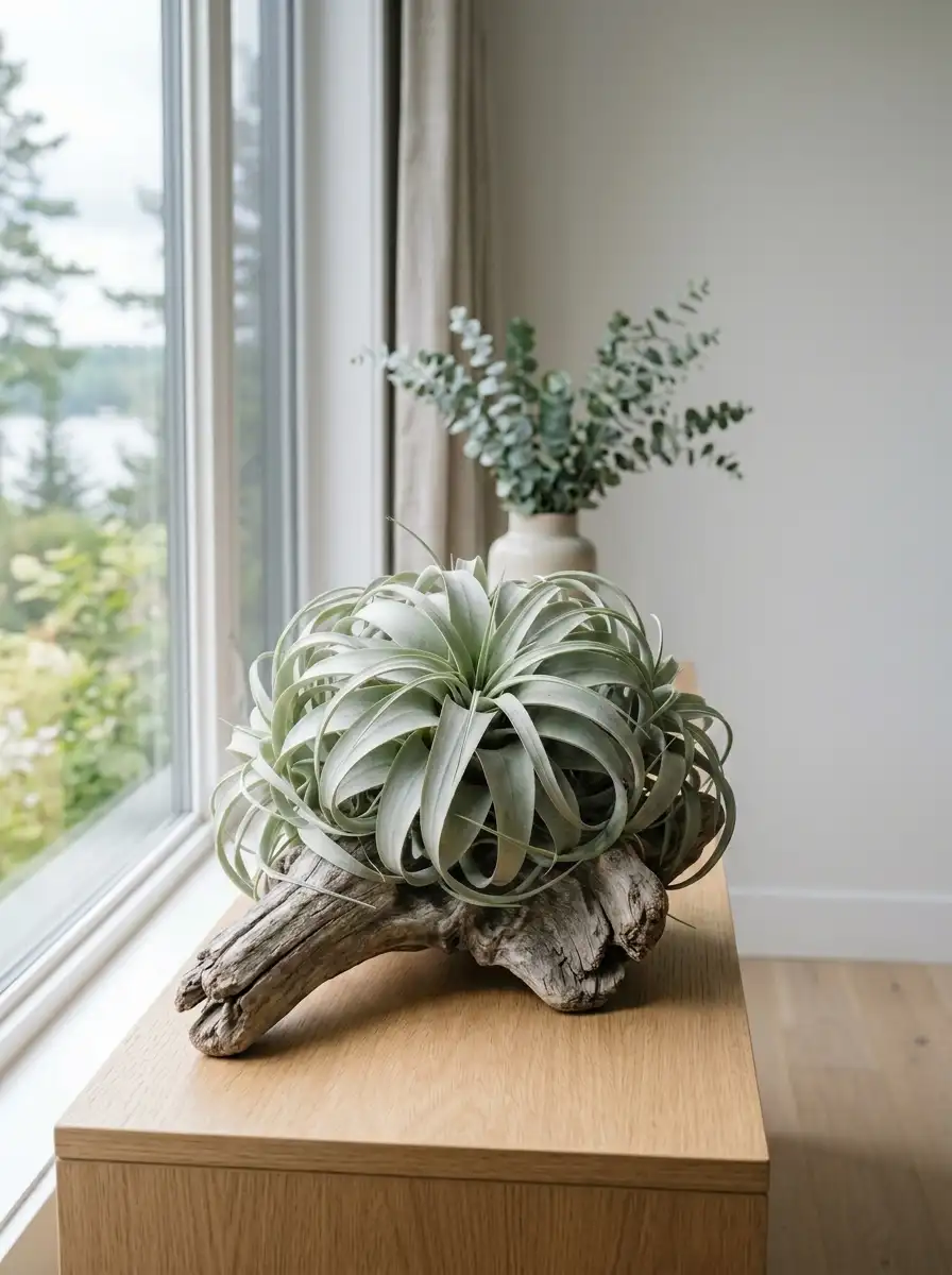 Tillandsia xerographica air plant with silvery-green curling leaves resting on a piece of driftwood, bright window light