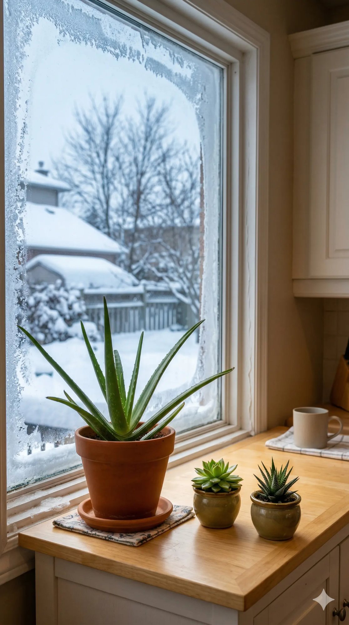 Aloès Aloe vera aux feuilles charnues vertes pointues avec rejets à la base, dans un pot en terre cuite sur un rebord de fenêtre canadien ensoleillé