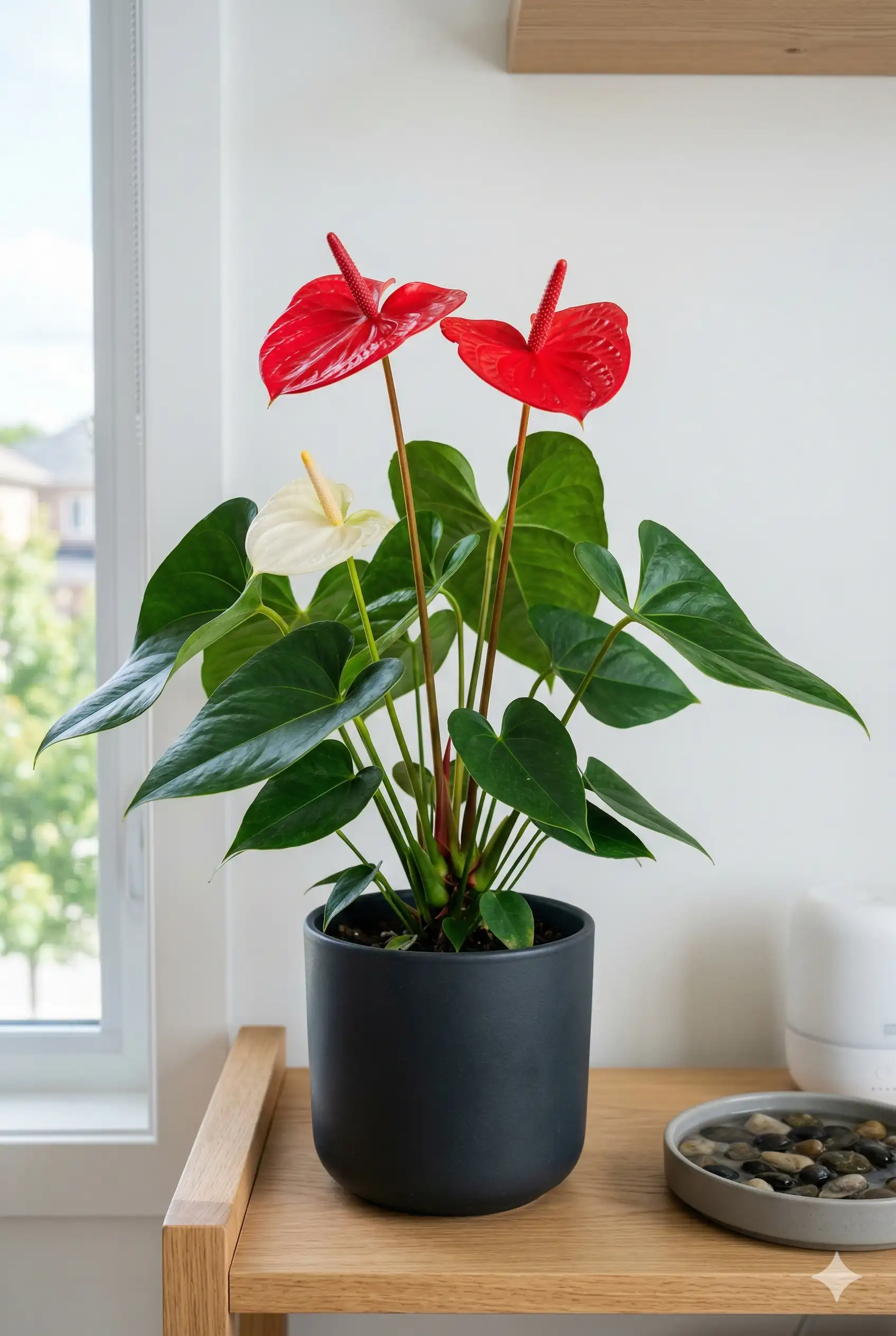 Anthurium with two waxy red spathes on a wood shelf against white wall, pebble tray visible in background referencing humidity requirement for Canadian homes