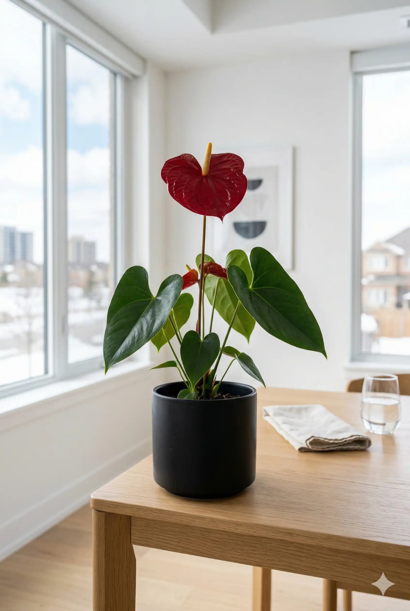 Red anthurium in a matte black pot on a light wood dining table in a bright Canadian apartment with large windows and winter skyline outside