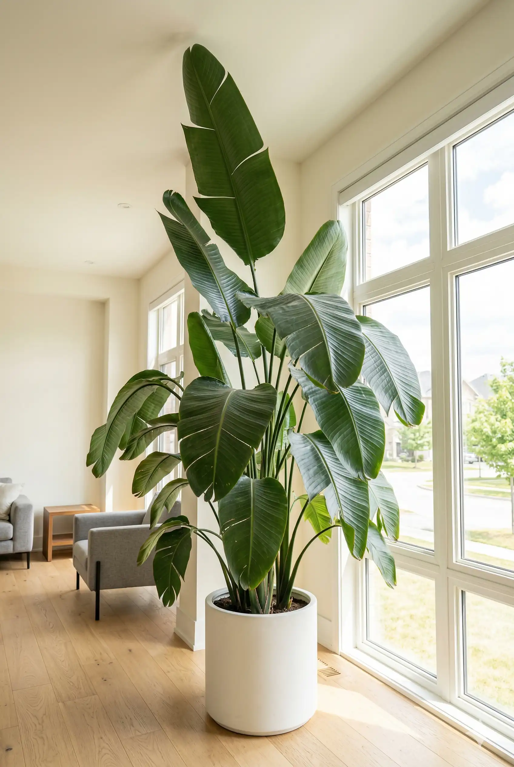 Large Strelitzia nicolai bird of paradise with dramatic split leaves in a white pot next to floor-to-ceiling window, leaves reaching near the ceiling of a Canadian living room