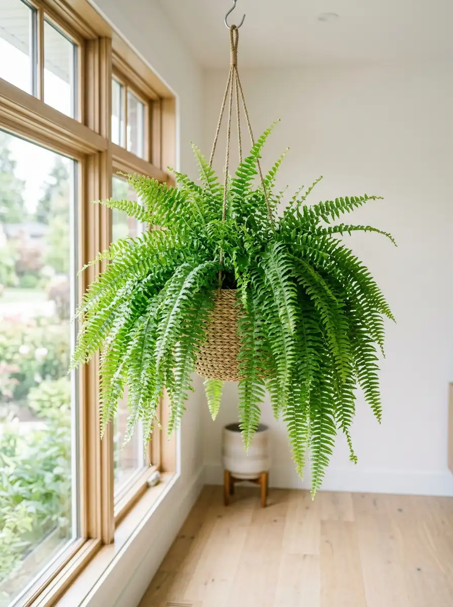 Lush Boston fern (Nephrolepis exaltata) with cascading bright green fronds in a hanging woven basket near a bright window