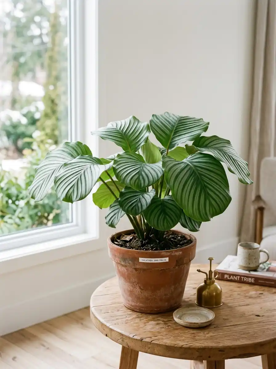 Calathea with patterned silver-and-green leaves in a terracotta pot on a wooden side table, bright window light