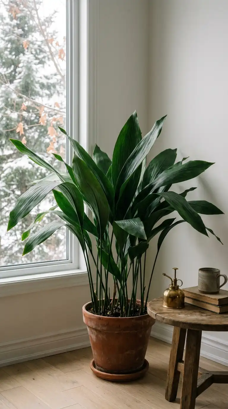 Cast iron plant with broad dark green lance-shaped leaves rising from the soil in a terracotta pot in a dim corner by a snowy window