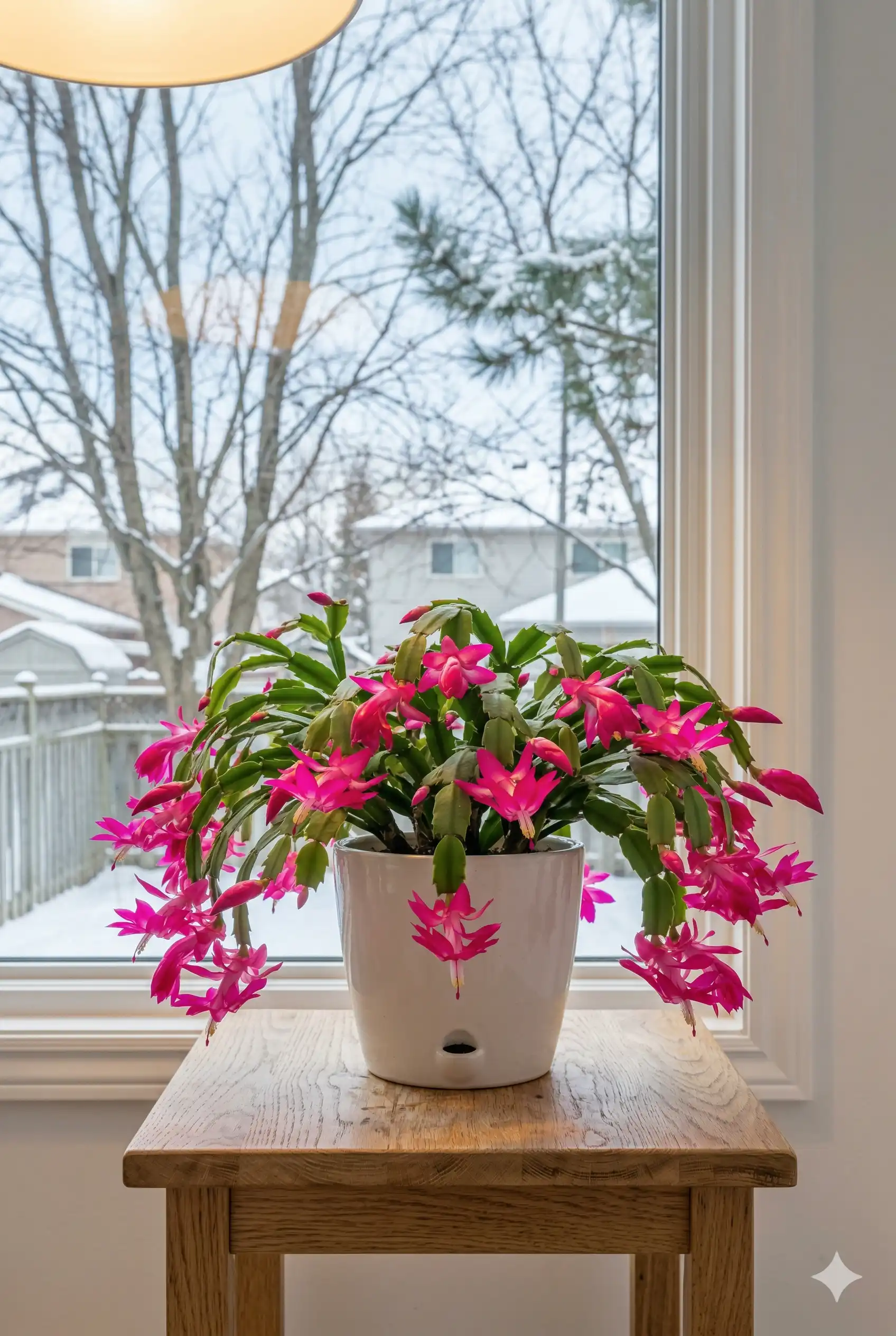 Christmas cactus in full pink bloom on a side table indoors with Canadian winter snow scene visible through window behind it