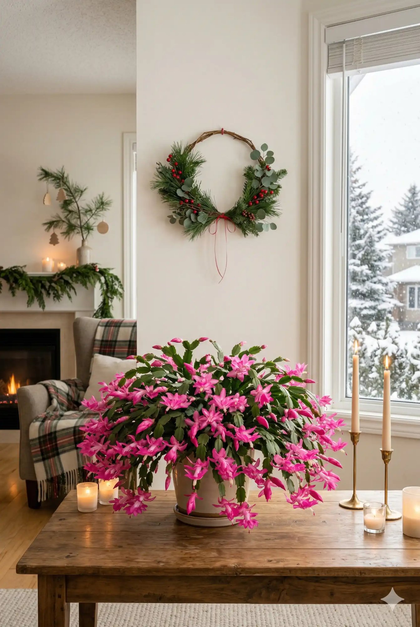 Large Christmas cactus with vivid pink blooms on a wooden dining table in a Canadian living room decorated for the holidays with wreath, fireplace, and snow outside the window