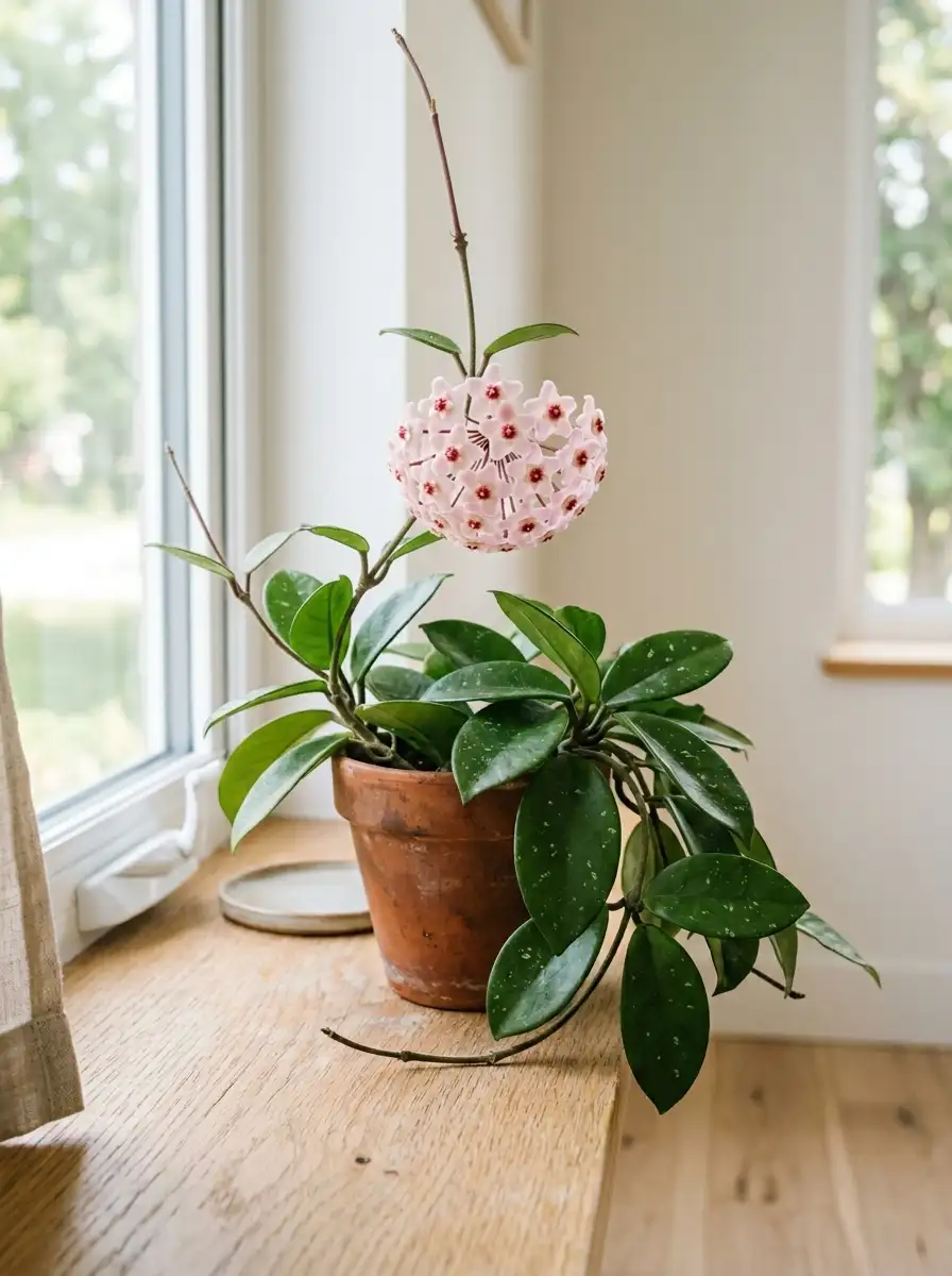 Hoya carnosa with thick waxy oval leaves and a cluster of pink star-shaped fragrant flowers in a small terracotta pot, bright window light