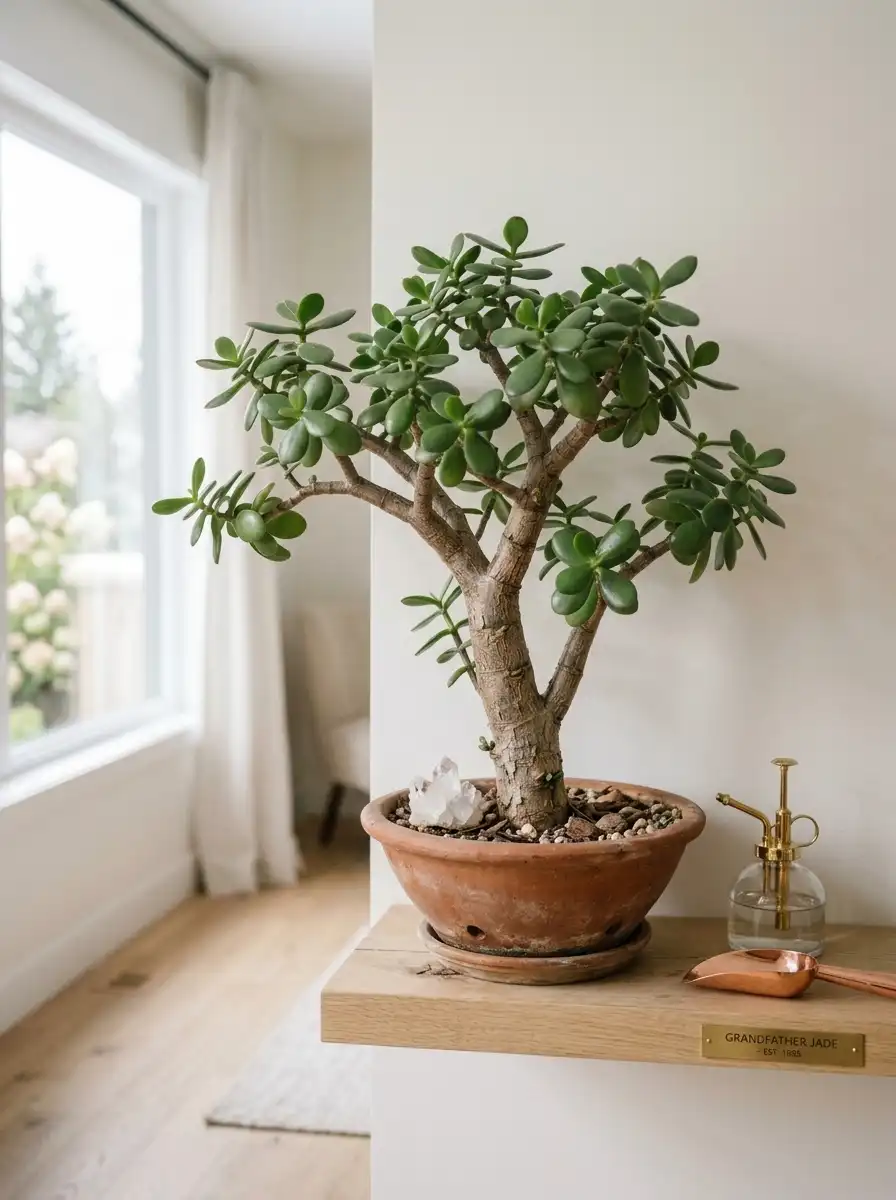 Mature jade plant (Crassula ovata) with thick woody trunk and rounded fleshy leaves in a shallow terracotta pot on a minimalist wood shelf