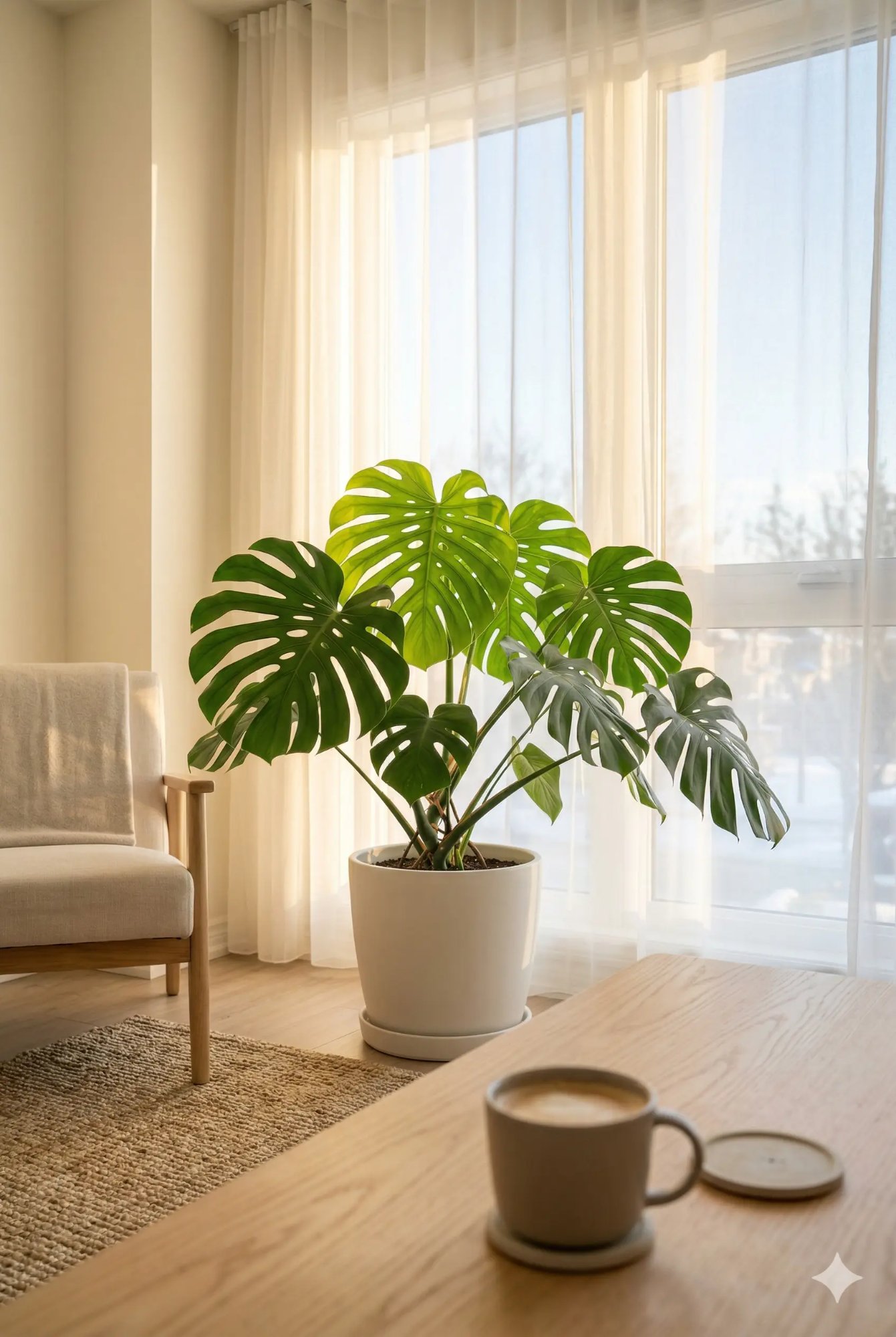 Monstera deliciosa with large split leaves in a white pot on a wood table, Canadian living room with winter light through sheer curtains