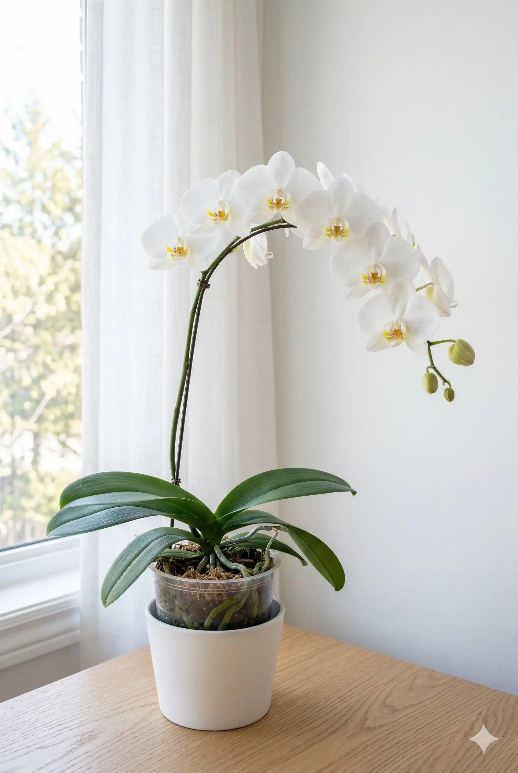 White phalaenopsis orchid with aerial roots visible in clear pot, arching flower spike with open blooms, next to east-facing window with sheer curtains in a Canadian home