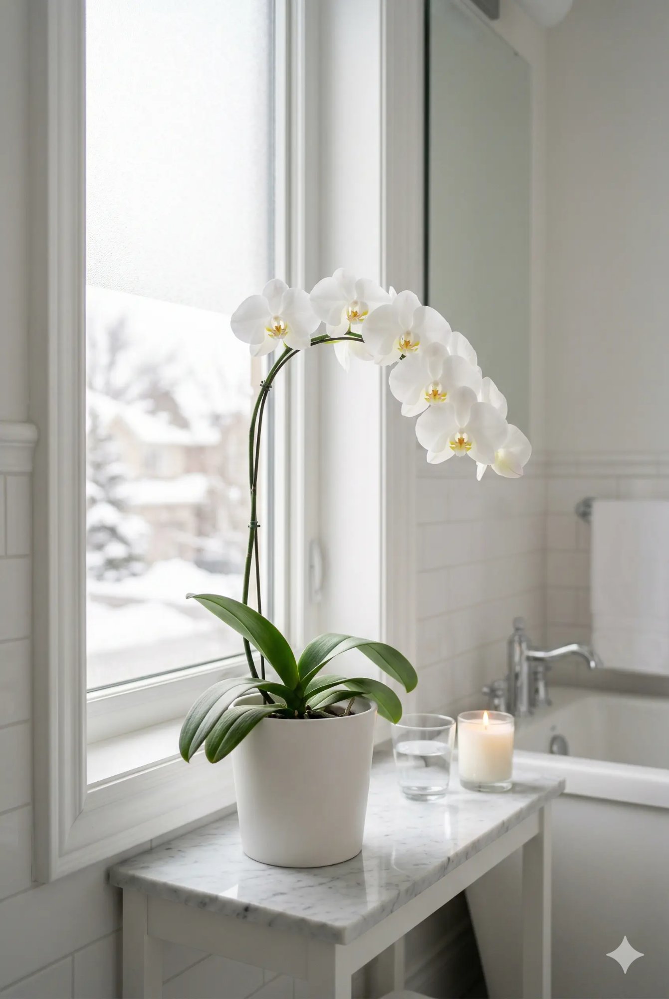 White phalaenopsis orchid in a white ceramic pot on a marble bathroom shelf next to a window with Canadian snow outside — elegant Canadian home setting