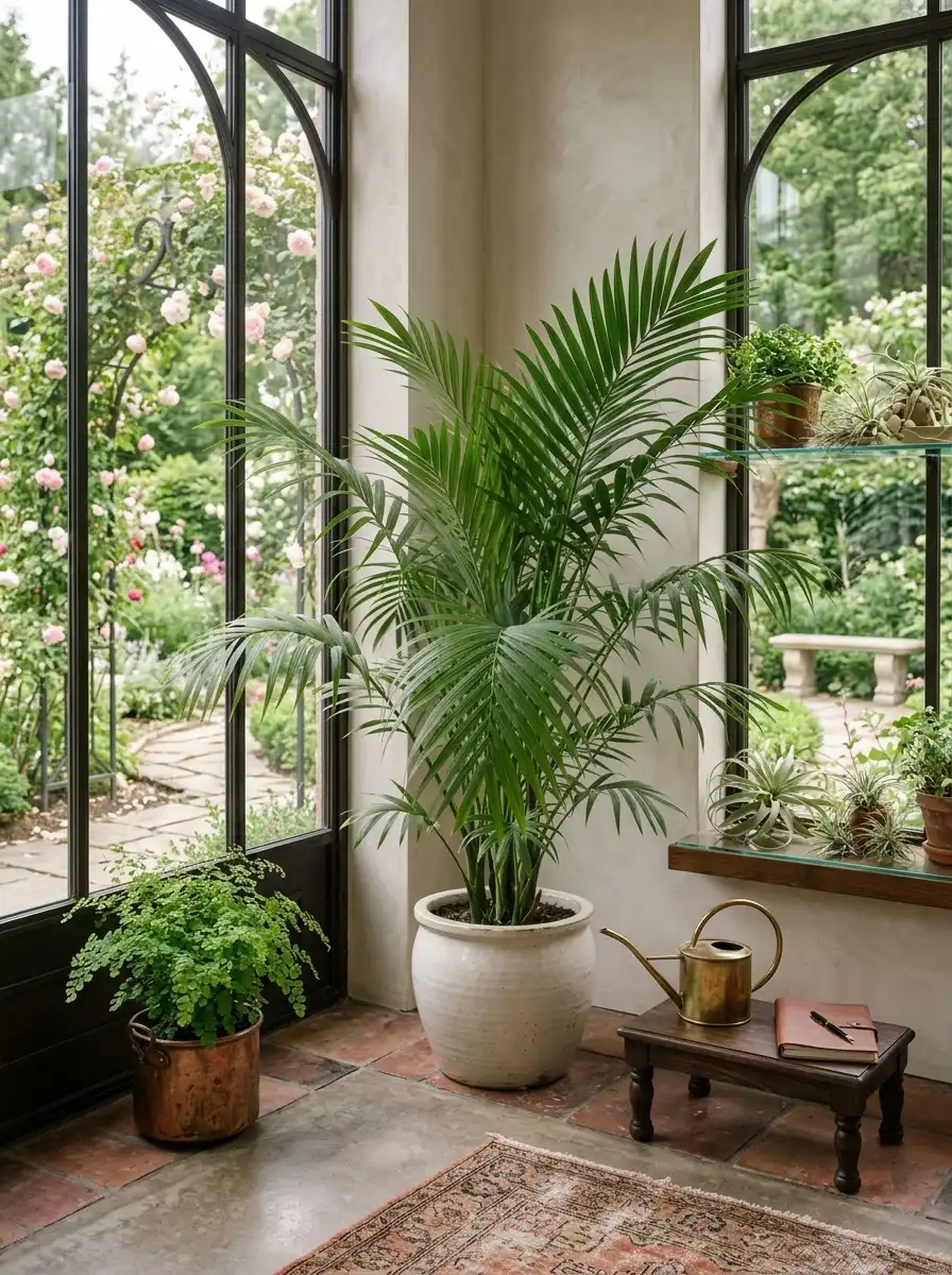 Chamaedorea elegans parlour palm with slender arching fronds in a cream stoneware pot, bright window light
