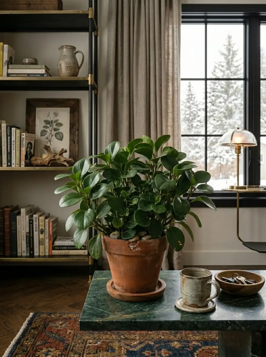 Peperomia obtusifolia baby rubber plant with thick glossy oval leaves in a small terracotta pot on a side table, bright window light