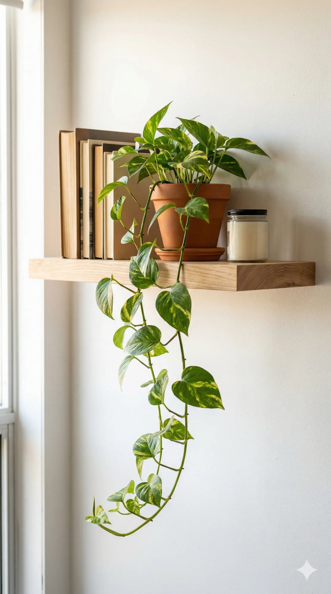 Golden pothos trailing from a terracotta pot on a floating wood shelf with books and candle, bright window light
