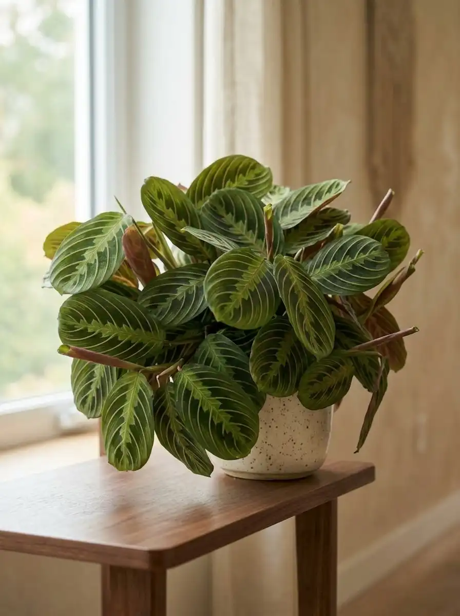 Maranta leuconeura prayer plant with bold red-veined deep green herringbone leaves in a small ceramic pot, bright window light