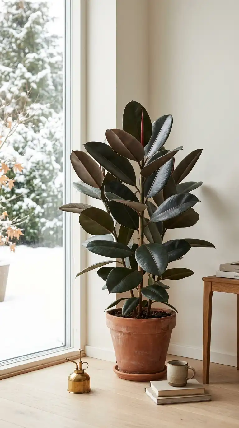 Rubber plant with thick glossy burgundy-green leaves in a terracotta pot beside a snowy window in a bright Canadian room