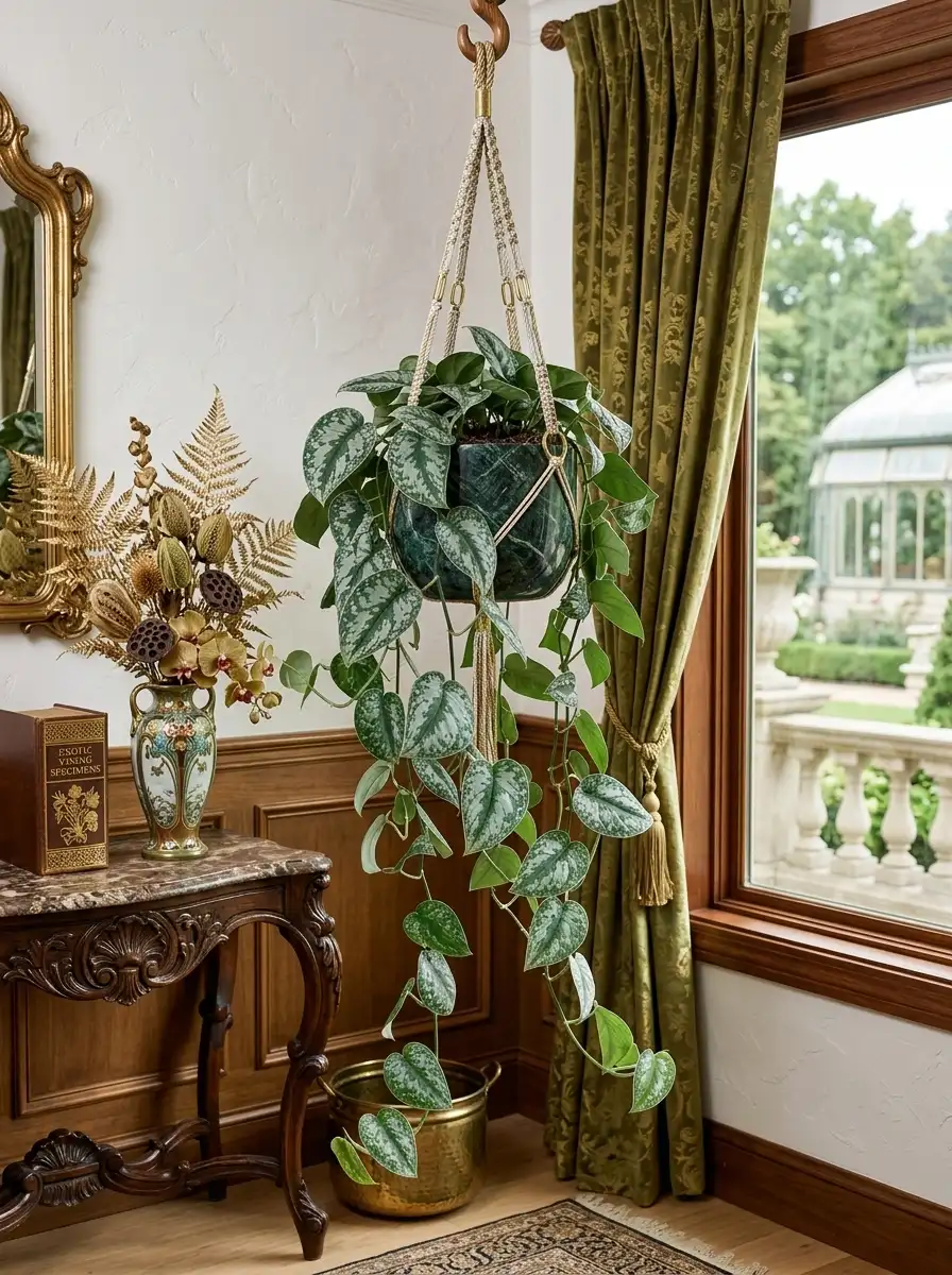 Scindapsus pictus satin pothos with heart-shaped velvety leaves and silver-spotted variegation trailing from a white hanging ceramic pot, bright window light