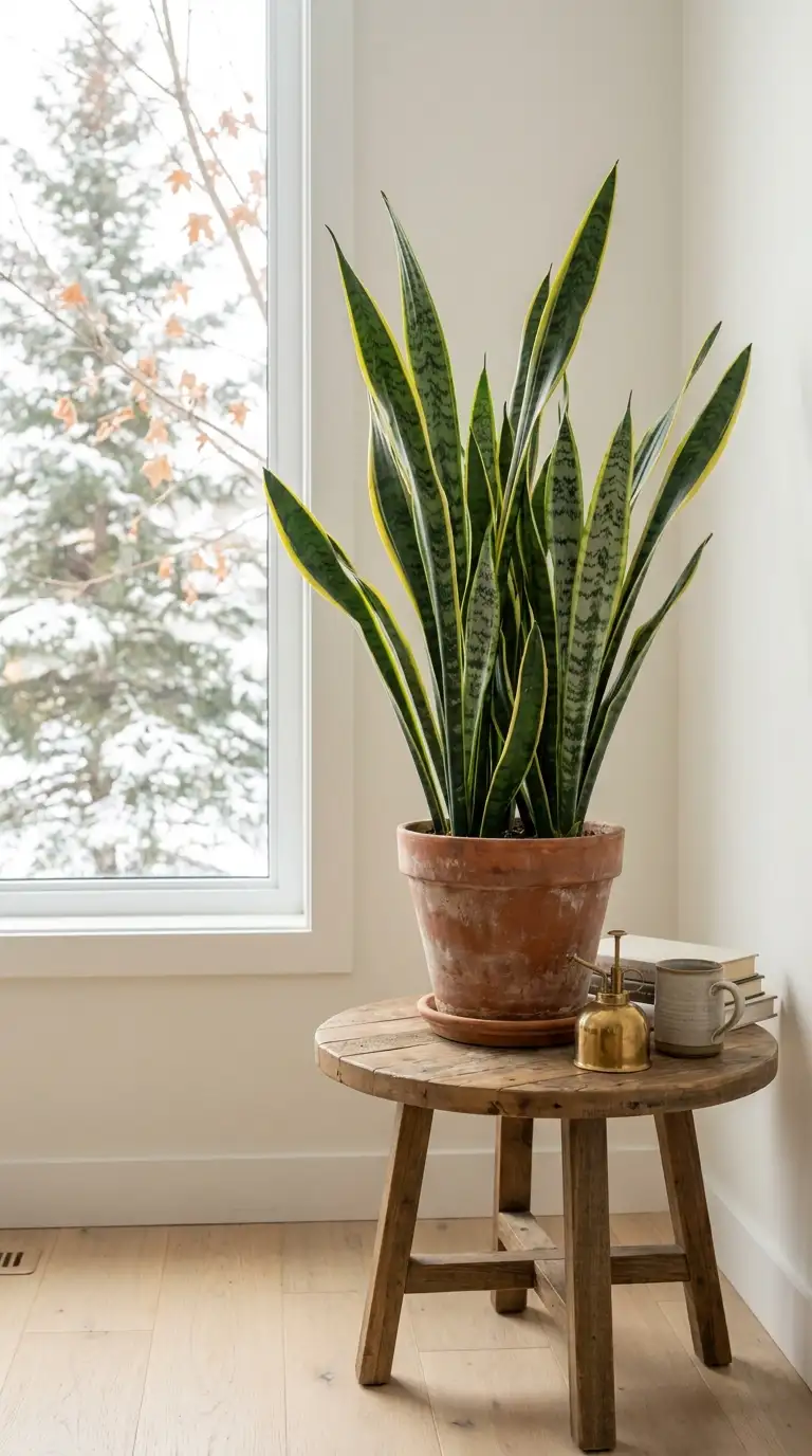 Snake plant 'Laurentii' with upright banded leaves edged in yellow, in a terracotta pot on a wooden stool by a snowy window