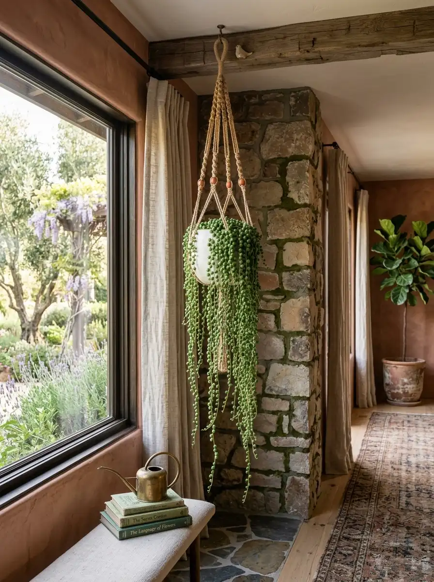 Lush trailing Senecio rowleyanus (string of pearls) cascading from a small white ceramic hanging pot near a sunny window