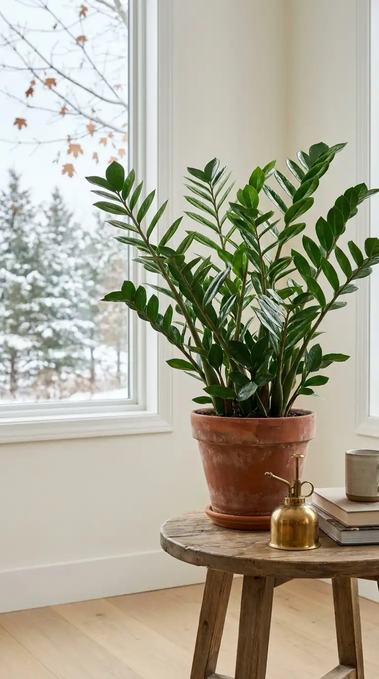 ZZ plant with arching stems of glossy paired dark-green leaflets in a terracotta pot on a wooden side table by a snowy window