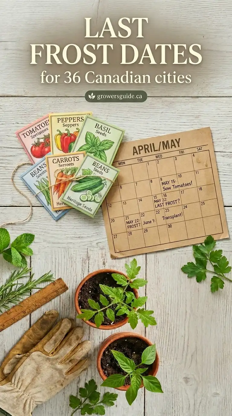 Last frost dates for 36 Canadian cities — seed packets, a spring planting calendar, gardening gloves, and tomato and pepper seedlings on a wood table