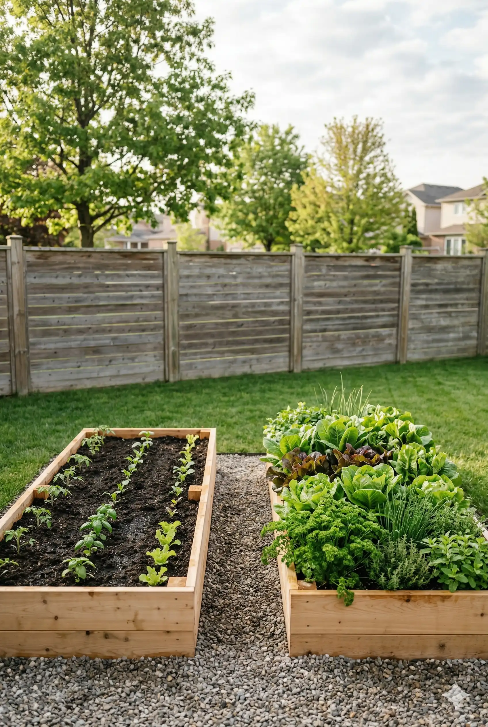 Two freshly built cedar raised beds filled with dark soil and lettuce in a Canadian backyard