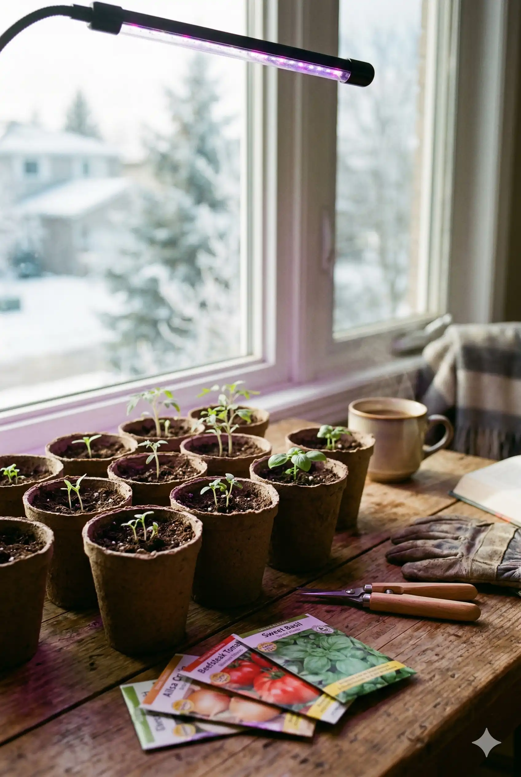 Seed starting trays with seedlings under a grow light on a wooden table near a window in a Canadian home