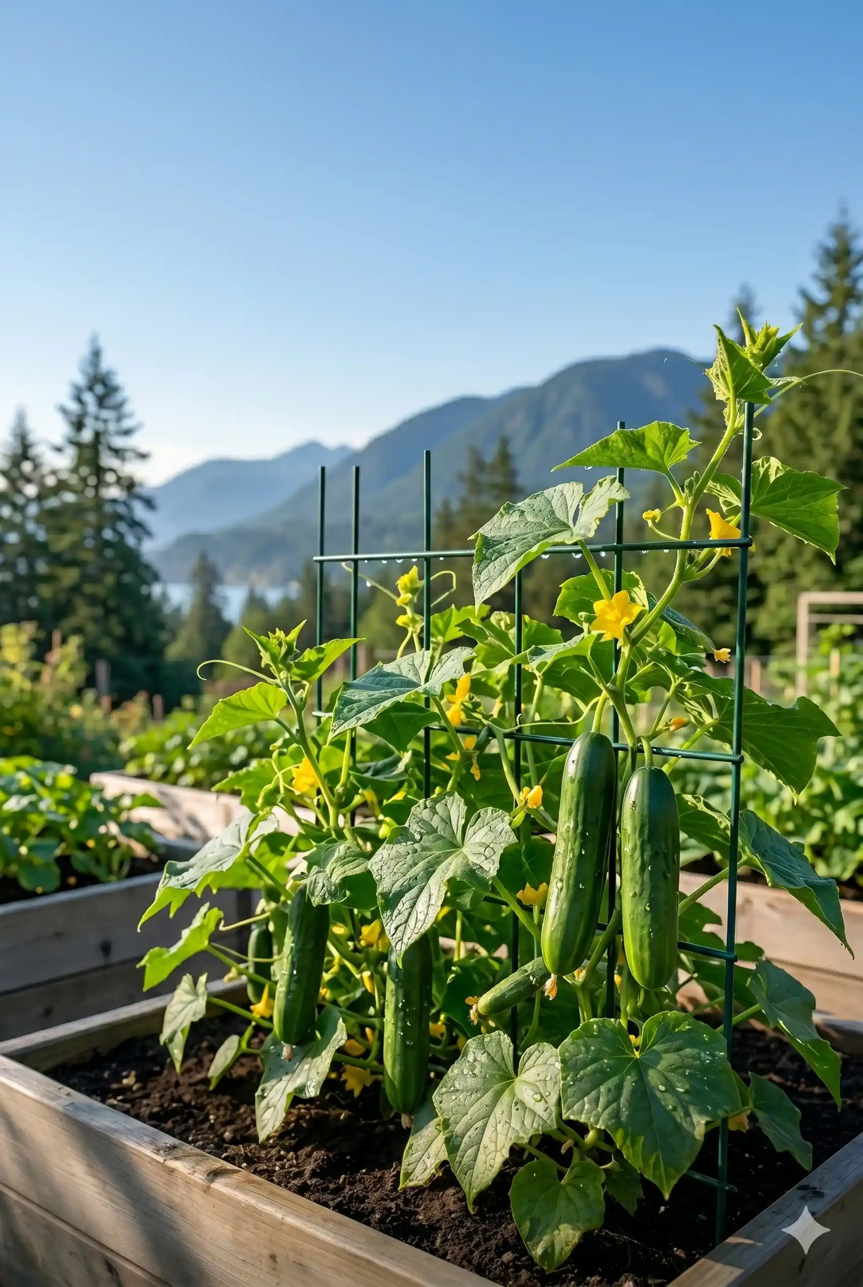 Cucumbers growing on the vine in a Canadian summer garden